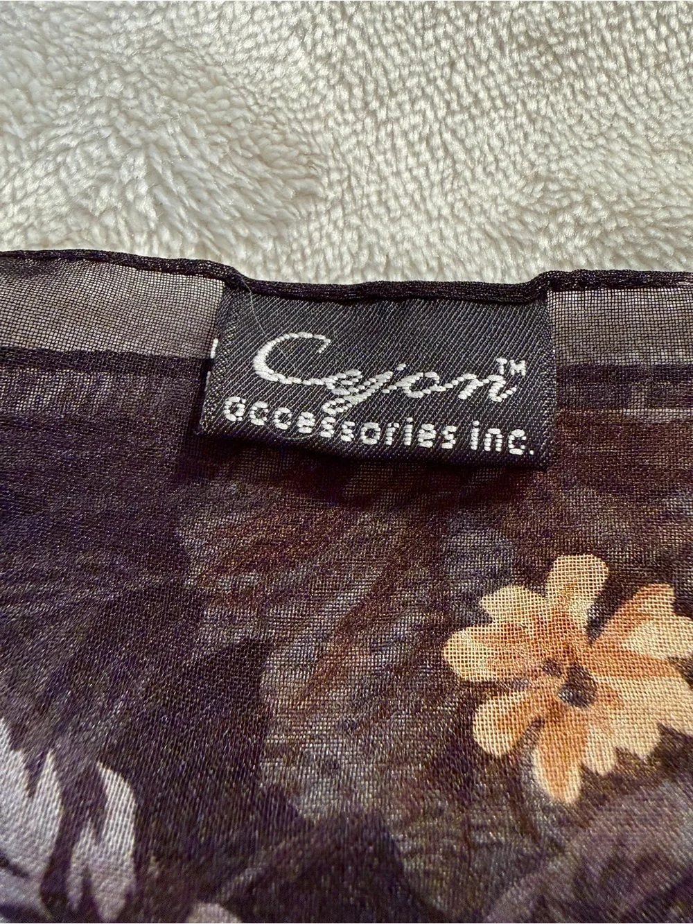 Cejon Accessories Sheer Chiffon Floral Scarf Brown Tan Beige Rose Print Vintage